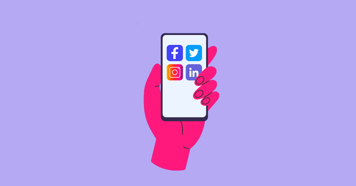 Mão segurando um celular com ícones de redes sociais