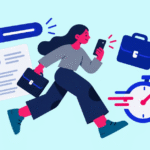 Mulher correndo com celular e pastas de trabalho
