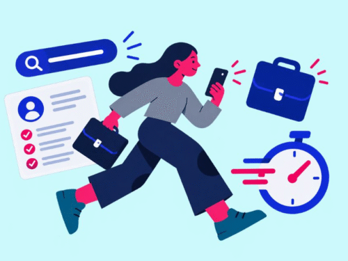 Mulher correndo com celular e pastas de trabalho